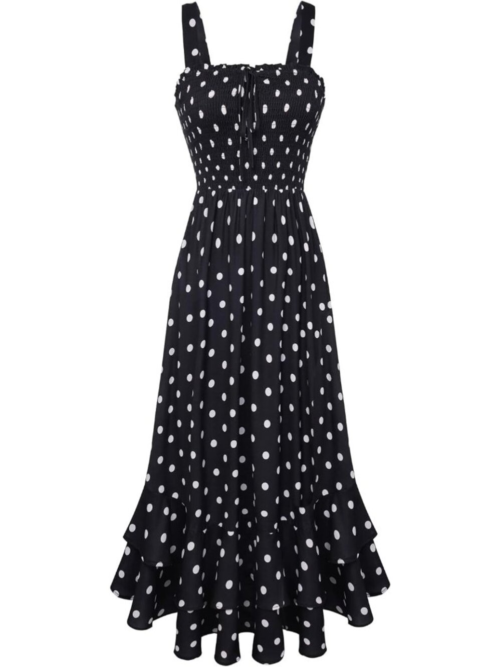 Women's Black White Dots Square Neck Strapped A LINE Floral Boho Long Maxi Dress
